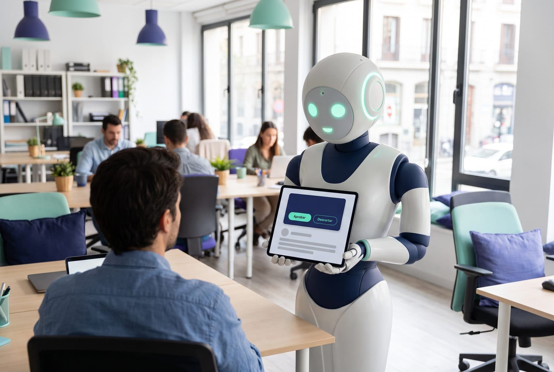 Robot que representa a un asistente de IA personal en la oficina de una pyme española, enseñando a un empleado en una tableta una acción con los botones Aprobar y Descartar