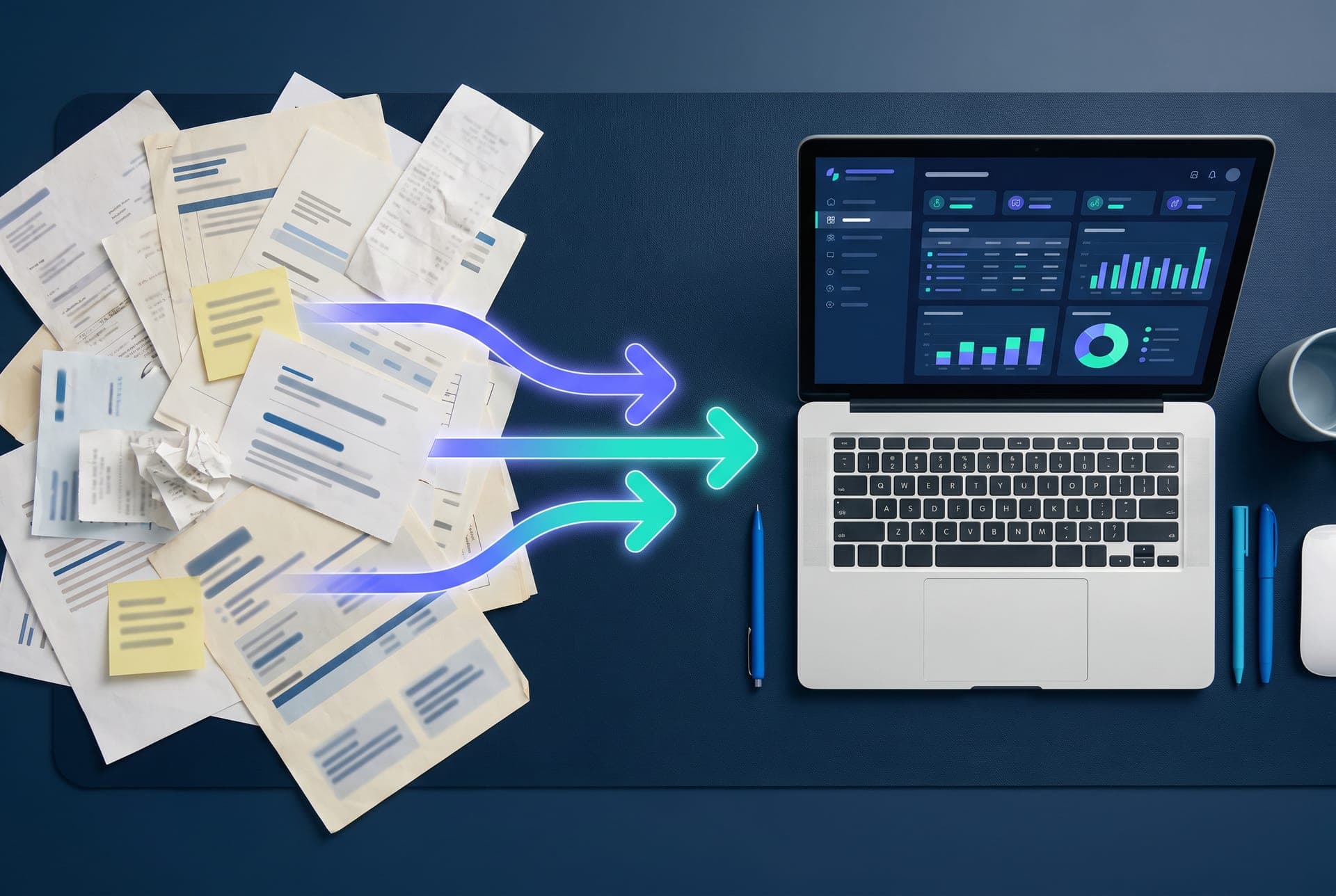 Papeleo administrativo que se ordena hacia un panel de datos en un portátil: automatización de procesos administrativos en una pyme