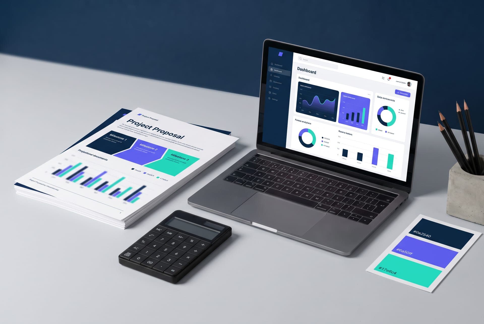 Escritorio con un presupuesto por hitos, calculadora y un portátil con panel de proyecto, sobre el precio de un software a medida