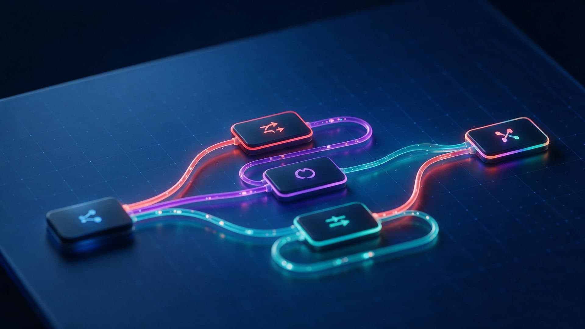 Flujo de automatización con tres ramas paralelas que convergen en una única salida: comparativa de n8n, Make y Zapier