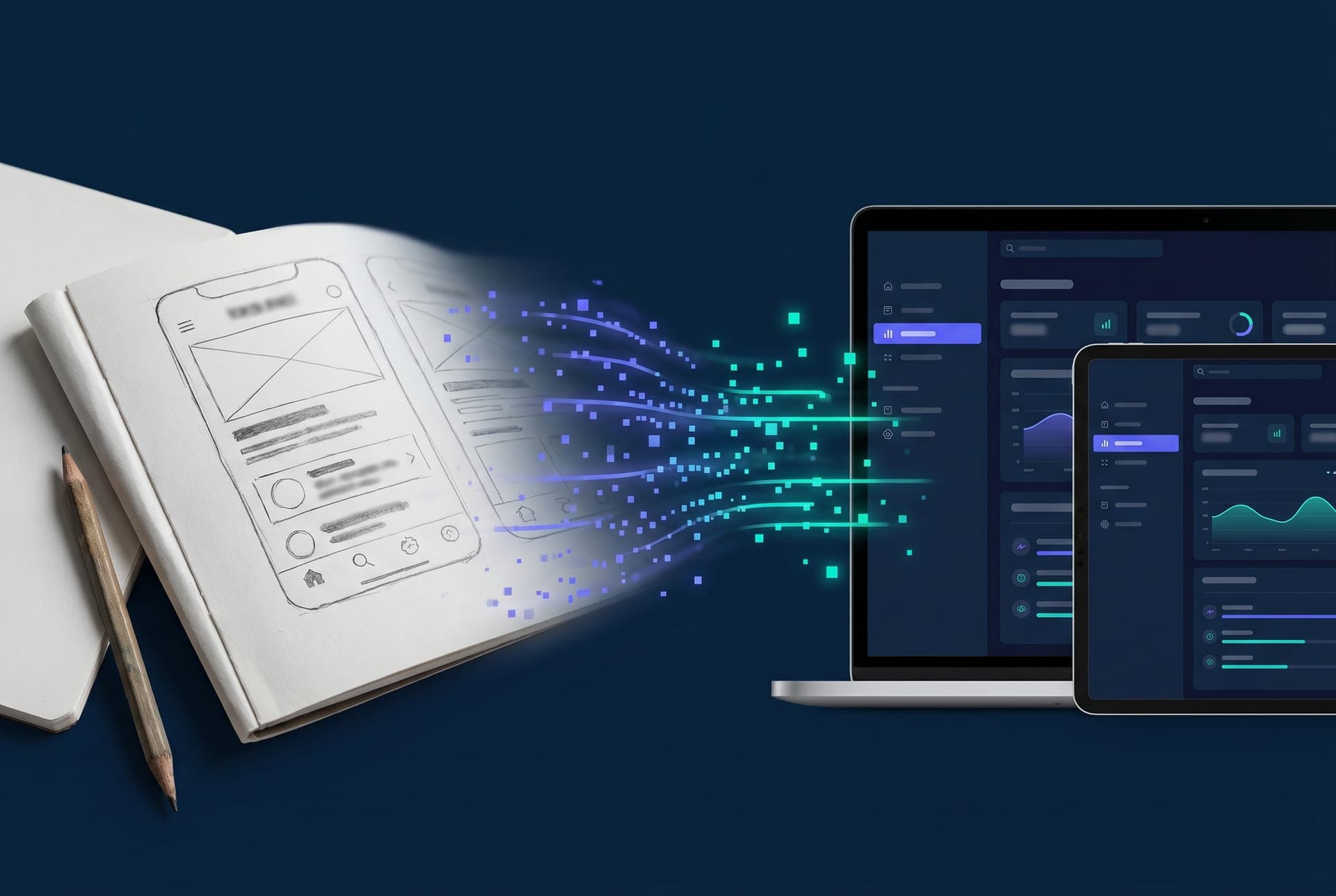Boceto a mano de una app que se transforma en una aplicación real en pantalla, ejemplo de qué es el software a medida