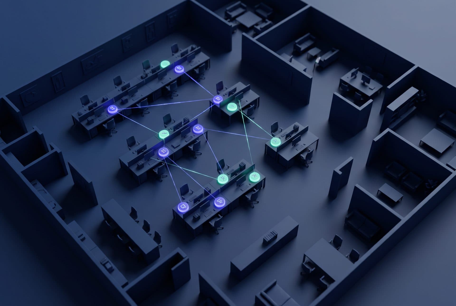 Plano de oficina con cada puesto marcado y una tarea asignada: cómo implementar la inteligencia artificial en una empresa paso a paso