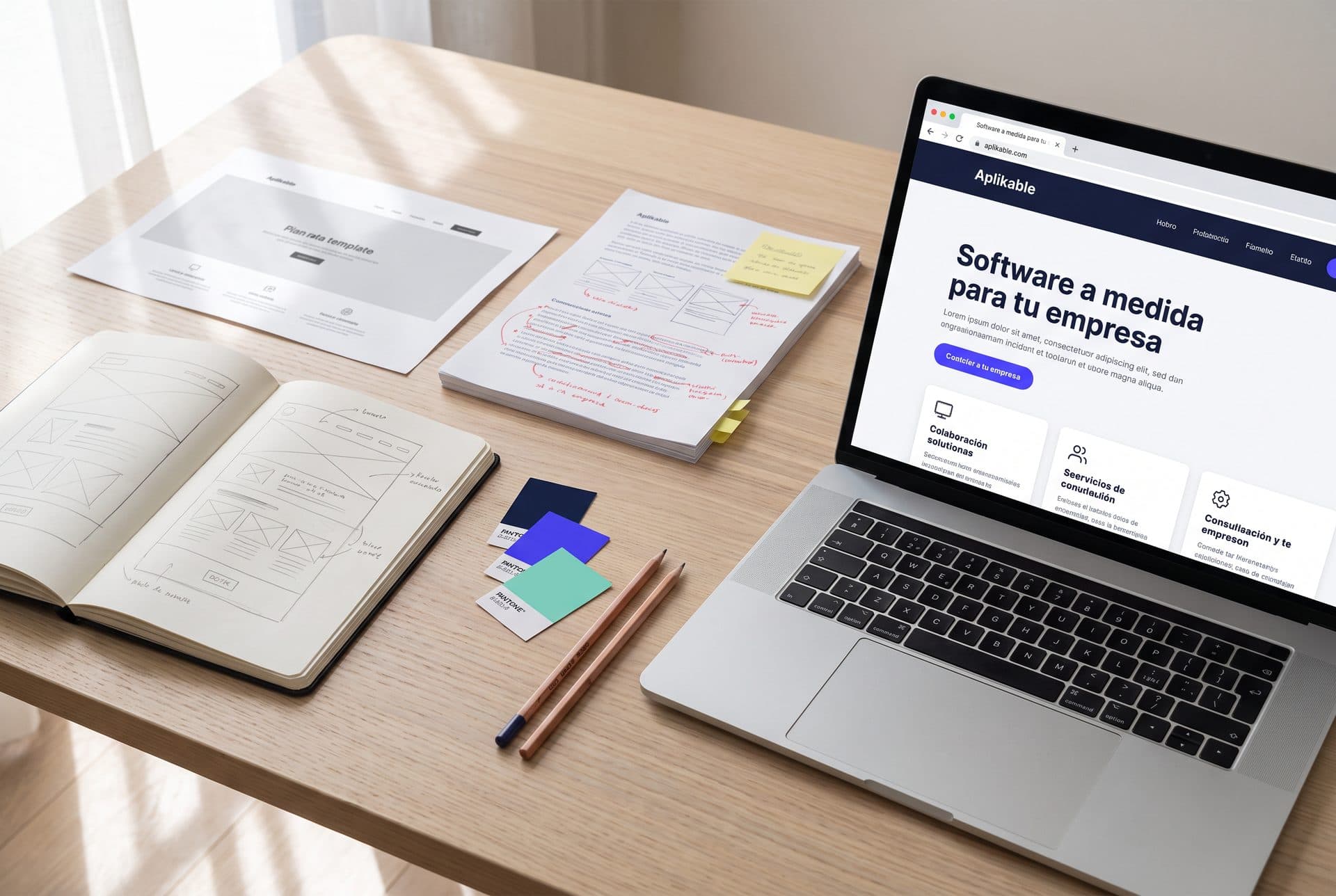 Cuatro fases del mismo proyecto web sobre una mesa, de la plantilla impresa a la web a medida terminada en el portátil